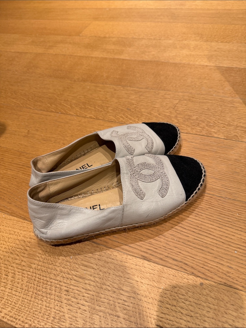 CHANEL Two-Tone Leather Espadrilles - White with Black Cap Toe